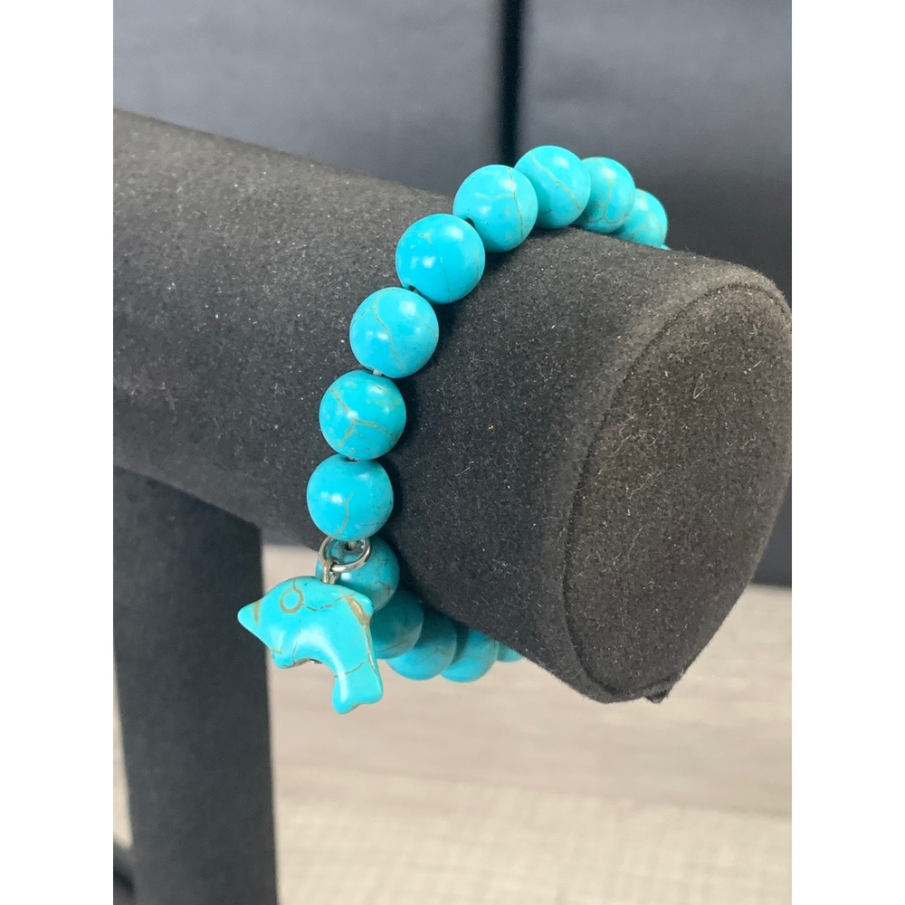 Turquoise Howlite Beaded Stretch Bracelet with Dolphin Charm Blue Boho